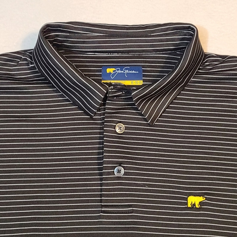 Jack Nicklaus Polo Shirt Mens XL Black Striped Golf Performance Bear Logo